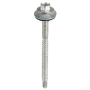 5.5 x 38 Timco Hex Self Drill Screws with 16mm bonded washer, Ruspert Silver Plated, for 1.2 - 5.0mm steel thickness L38W16B